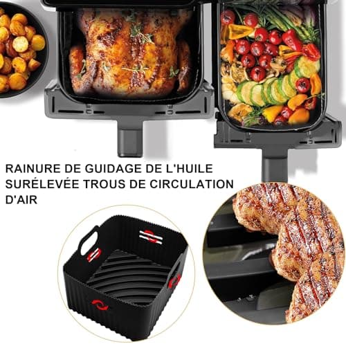 YINGRACE Dual Air Fryer Accessoires pour Moulinex EY9018 5,2/3,1 L, Cecotec Cecofry DuoSize 9L 5,5/3,5L, Deux tailles Dual tiroirs, 6PCS avec moule en silicone, grille, papier sulfurisé pour Airfryer