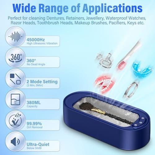 Onherm Nettoyeur à ultrasons 380ml Nettoyeur de lunettes avec 2 modes Nettoyeur à ultrasons portable 45000Hz Nettoyeur à ultrasons pour lunettes Bijoux Montres Dentiers Monnaies