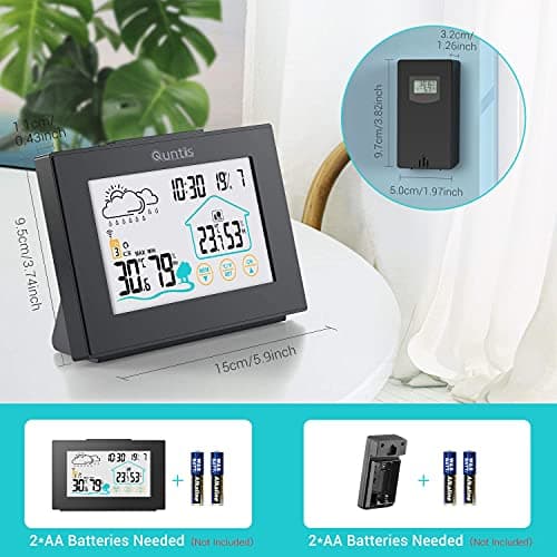 Station Météo, Quntis Thermomètre Hygromètre 3 Canaux Sans Fil Intérieure Extérieure avec Ecran Tactile à Capteur Extérieur, Thermomètre Numérique avec Prévisions Météo, Heure, Réveil - Noir