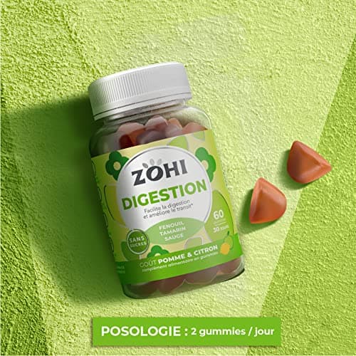 Complément Alimentaire Digestion-Gummies Digestion facilitant la digestion et améliore le transit- Fenouil-60 gommes de fruits- goût Pomme et Citron Sans Sucres-Vegan- ZOHI- Fabriqué en France