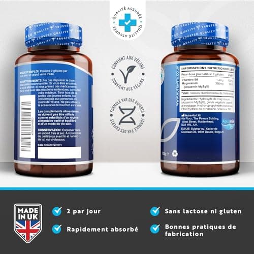 Magnesium Marin 360mg et Vitamine B6-180 Capsules Vegan - Magnesium B6 Combat la Fatigue et le Stress - Magnésium Aquamin® Hautement Biodisponible et Cliniquement Soutenu - Nutravita