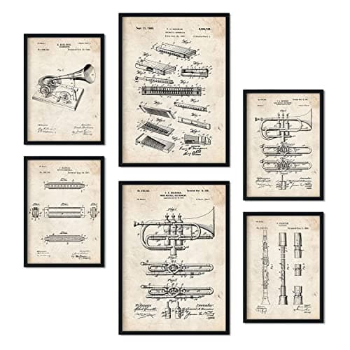 Nacnic Ensemble de 6 affiches de brevets Instrument à vent. Affiches avec des illustrations de brevets rétro pour votre maison. Décoration intérieure de style vintage. Formats A4 et A3. Avec cadre.