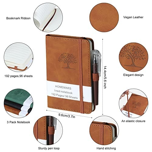 HOMEMARS Carnet de Notes, Petit Carnet, Petit Cahier, 3 Paquet, Cahier de Note, Carnet de Voyage, 14.4 cm x 9.6cm, Marron, Vert, Noir, 192 Pages Chacune, Motif d'arbre en Relief, Cuir végétalien