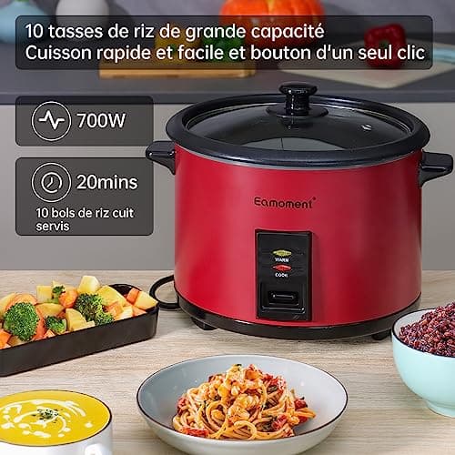 Eamoment ERC-10CRD 1.8L | 700W cuiseur à riz et insert vapeur noir chaud et cuire 1-10 personnes marmite à revêtement antiadhésif, cuillère à riz et tasse à mesurer, couvercle en verre