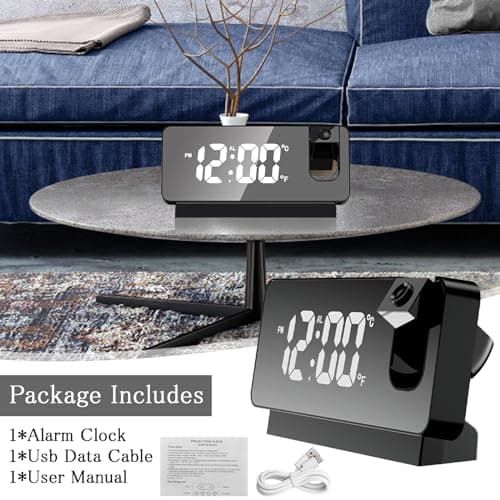 TNSLAND Réveil à projection, radio-réveil avec projection 180 °, réveil LED, horloge numérique, snooze, double gong, température USB, fonction de charge, horloge de projection pour la maison, le