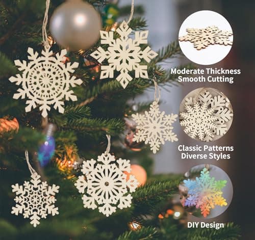 ilauke 36Pcs Bois Arbre de Noël Ornements avec Boîte en Bois,7cm/10cm Ornements de Flocon de Neige à Suspendre en Bois,3mm Pendentifs Rustiques Artisanat en Bois de Flocon pour Noël Mariage Fête