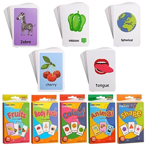 180 Cartes Flash pour Bébé, Cartes Animaux pour Enfants, Carte de Jouet d'apprentissage pour Promouvoir Le Vocabulaire de Base (Animaux,Fruits,Pièces du Corps,Couleurs,Forme)