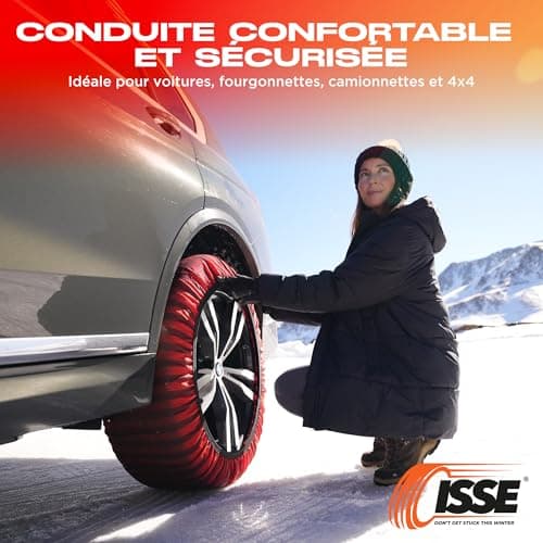 ISSE Chaussettes Neige T-66 | Chaînes à Neige Textiles Homologuées et Haute Sécurité – Kit de 2 Chaînes pour Voitures + Gants