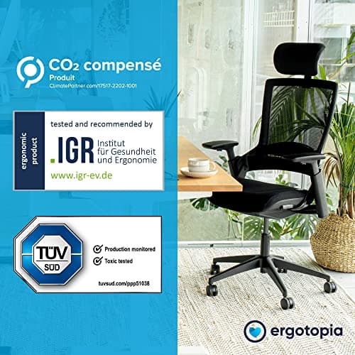 Ergotopia Nextback Chaise de Bureau Ergonomique – Fauteuil pivotant avec Appui-lordose réglable & accoudoirs – Chaise Ergonomique avec Appui-tête – Fauteuil de Bureau en Mesh