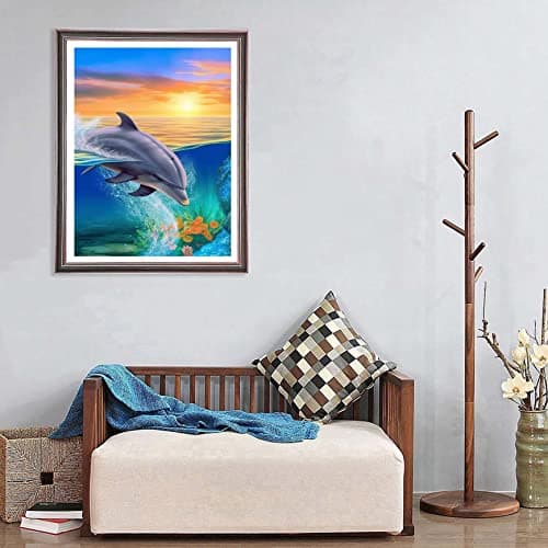 Ginfonr 5D Diamant Painting Diamond Painting Complet Dauphin Lever Du Soleil Broderie Peinture Diamant Painting Animal Paysage Kit Complet Décoration De Pour La Murale De La Maison 30x40 cm
