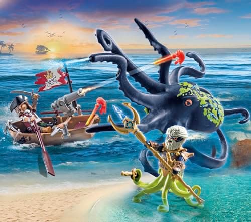 Playmobil 71419 Pirate avec Pieuvre géante, Comprend Deux Personnages, Une Pieuvre géante Qui pulvérise de l'eau, Un Bateau à rames et de Nombreux Accessoires, Univers Pirates, pour Enfants dès 4 Ans