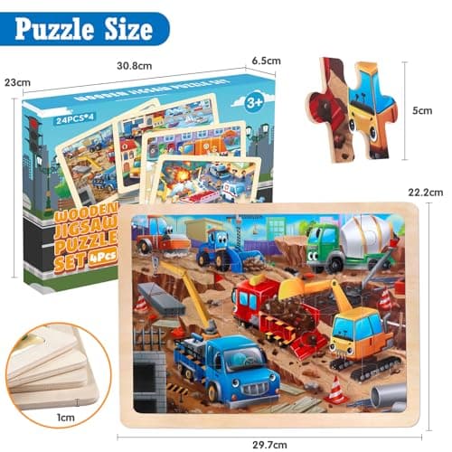 Puzzles en Bois Enfant 3 4 5 Ans, Lot de 4x24 Pièces Jouet Puzzle Jeux,Véhicules de Construction Camions Pompiers Transport Urbain Jeux Montessori Éducatif Jigsaw Puzzle Jouet pour Garçons Filles