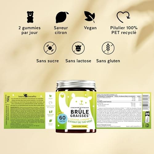Gummies Complexe Métabolique - Végan & Sans sucre - 60 Gummies - Chrome, Biotine, Zinc, L-leucine, Extrait de Feuilles de Thé Vert, Vitamines - Bien-Être Quotidien - 1 mois - Bears with Benefits