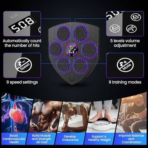 Music Boxing Machine, Machine de Boxe Musicale avec Gants de Boxe, 9 Vitesses, 9 Modes d'entraînement, Comptage Intelligent, Soutien Bluetooth, Cible de Boxe Murale pour Adultes et Enfants