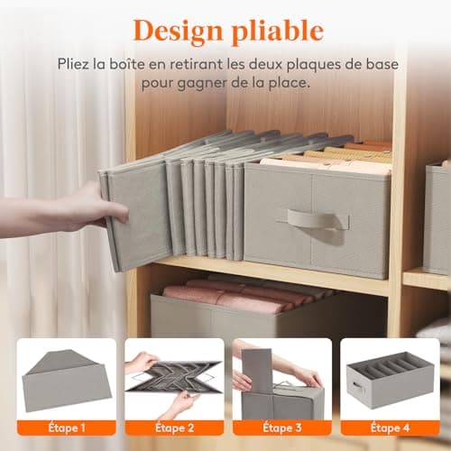 Lifewit Lot de 4 Boite Rangement Vetement Pliable avec 6 Compartiments, Organisateur Armoire, Boîte de Rangement Tiroir, Armoire Rangement pour Vetements, Pantalons, Pull, 42 X 27 X 17 cm, Gris