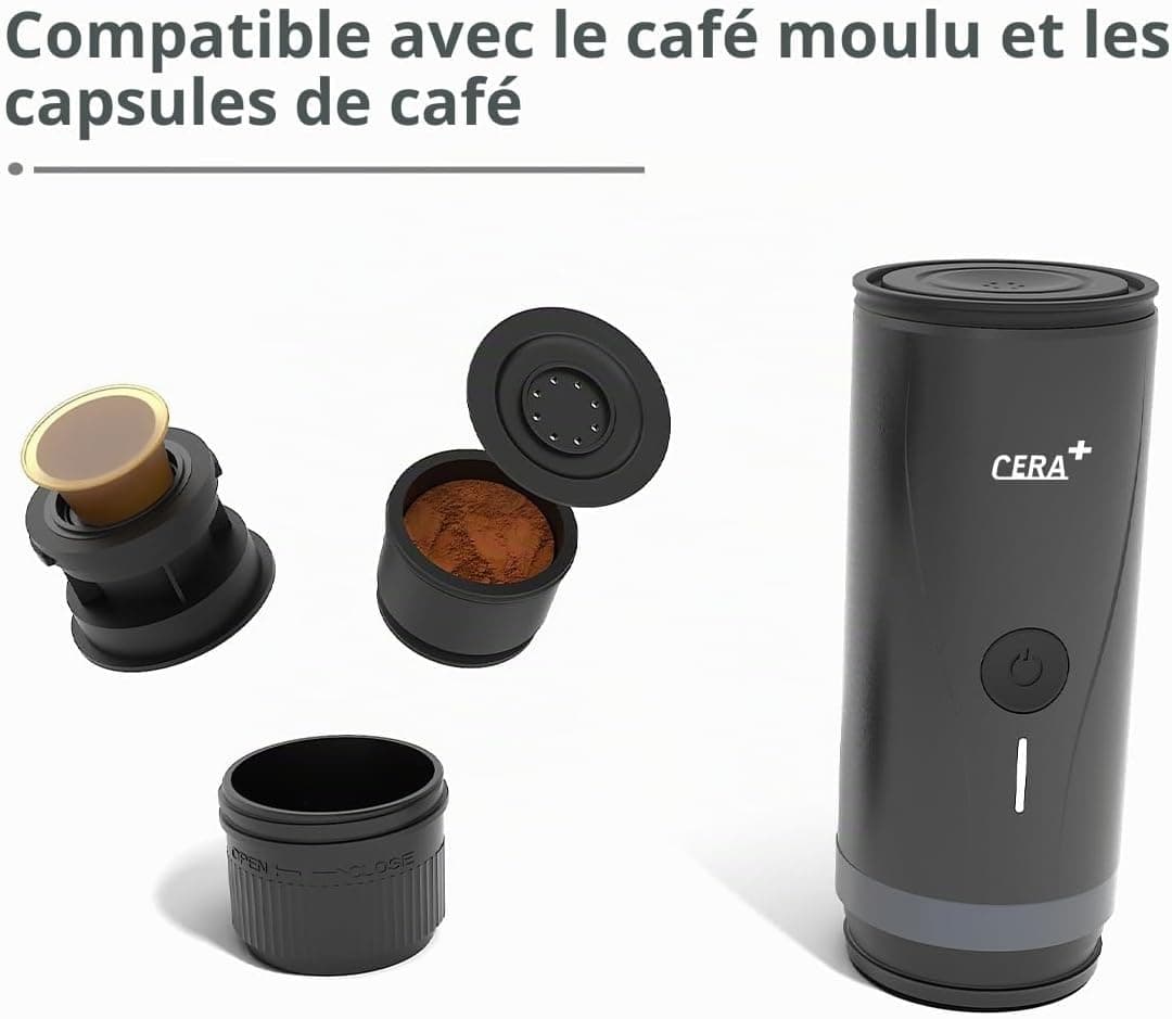 CERA+ Machine à expresso portable électrique avec auto-chauffage en 3 à 4 minutes, mini 20 bars avec batterie rechargeable. Compatible avec les capsules NS et le café moulu pour les voyages