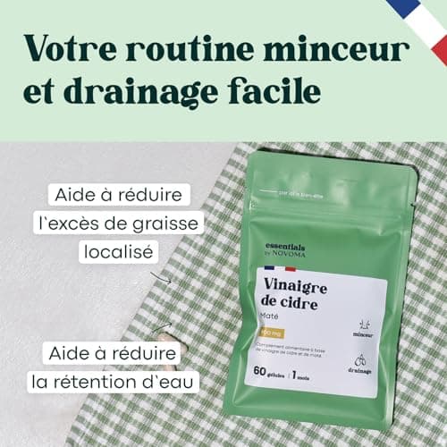 Vinaigre de Cidre avec Maté, Effet Coupe-Faim et Draineur Naturel pour la Perte de Poids, Avec Yerbé Maté, Cure de 1 mois, 60 Gélules, Fabriqué en France, Essentials by Novoma