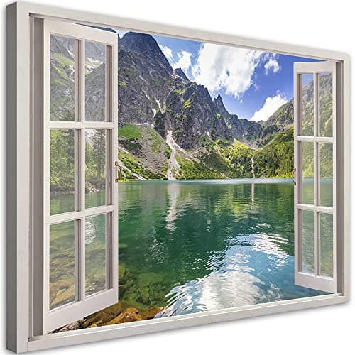 Feeby 1 pièces Tirages sur Toile intissée XXL 120x80 cm Fenêtre Paysage Montagnes Lac Art Image Deco Artistique Salon Esthétique Nature Forêt Arbre Vert