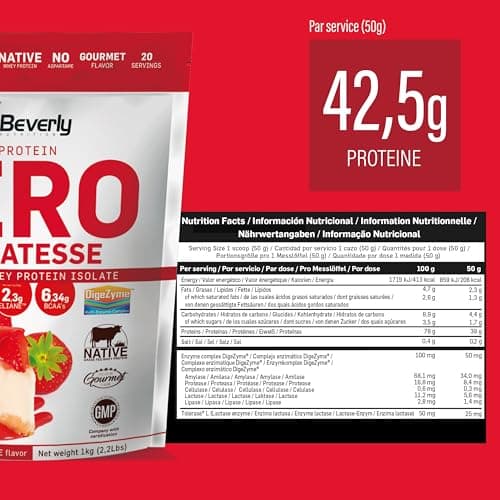 Beverly ZERO DÉLICATESSE | 1 kg | 85% de protéines de lactosérum hydrolysées | Avec Digezyme et Tolerase | Masse et force musculaire | Mixeur gratuit (GÂTEAU AU FROMAGE AUX FRAISE)