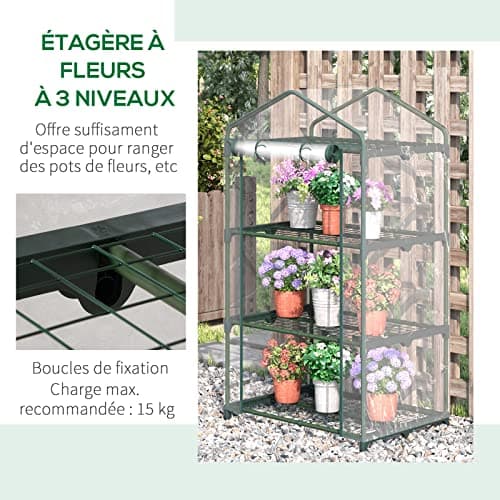 Outsunny Serre de Jardin Balcon étagère Serre 3 Niveaux dim. 69L x 49l x 125H cm métal thermolaqué Vert PVC Haute densité Transparent