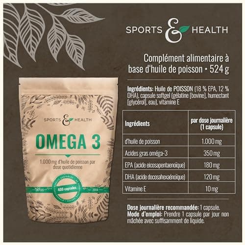 Oméga 3-400 gélules de qualité supérieure - 1000mg d'acides gras Oméga 3 par gélule - gélules d'huile de poisson testée en Allemagne