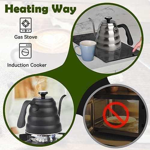 EFUTURETIME Bouilloire Noire Col de Cygne Inox Gaz, Theiere 1.2 L avce Thermomètre, Gooseneck Kettle pour Gaz, Induction avce Poignée Résistante à la Chaleur