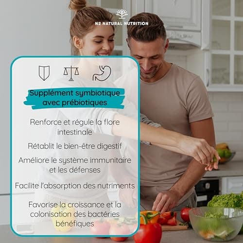 Probiotique Flore Intestinale avec inuline pour une efficacité maximale. Ferments Lactiques. Lactobacillus rhamnosus. 40 Milliards de Bactéries UFC/jour. 6 souches. 60 Capsules. N2 Natural Nutrition