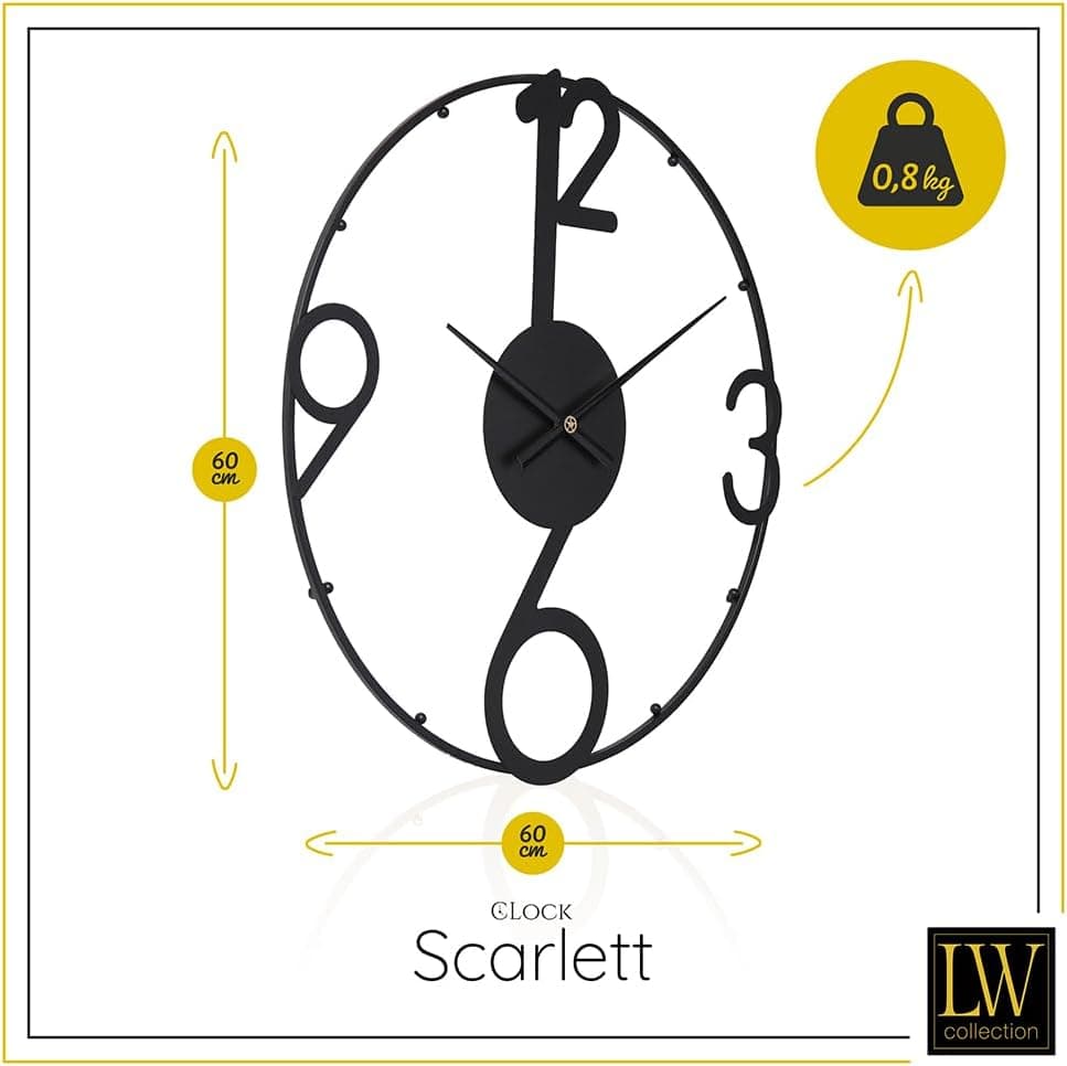 LW Collection Grande Horloge Murale Scarlett Noir 60 cm - Industrielle en Métal - Moderne - Mouvement Silencieux