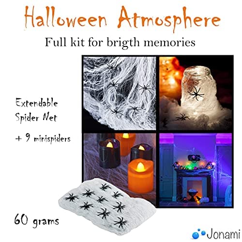 Jonami Deco Halloween Decoration Halloween XXL - Banderole Banniere Happy Halloween, Guirlandes Citrouilles, Ballons, Toile d’Araignees, Chauve-Souris 3D, Squelette Articule, Tissu Effrayante Noir
