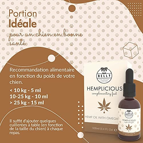 Belly Huile de Chanvre Chien & Chat - 100ml - Pressé à Froid - Riche en Omega 3 6 9, Vitamine E - Sommeil, Anti Stress Chien, Pelage Brillant, Système Immunitaire & Articulation Renforcé