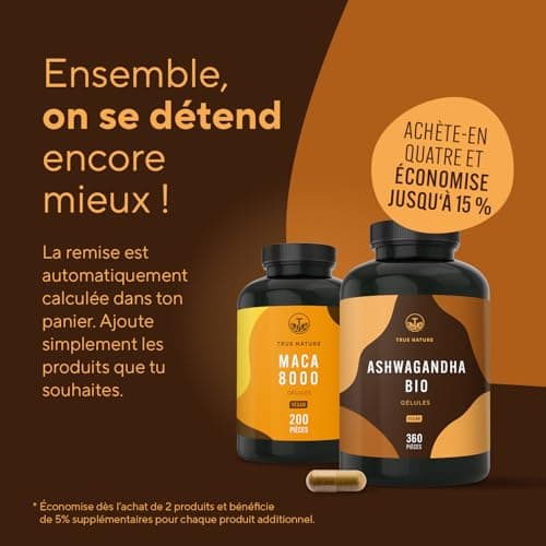 Ashwagandha Bio - Extra Fort: 650mg (360 Gélules) - Withanolide - Bien-Être Mental & Physique, Sommeil, Cardiovasculaire - Vegan - Sans: Additifs, Lactose & Gluten - TRUE NATURE