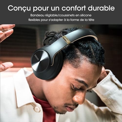 DOQAUS Casque Bluetooth sans Fil, Casque 90 Heure de Lecture, Casque Bluetooth 3 EQ Modes, Casque Audio avec Microphone Intégré, Casque sans Fil pour Cours en Ligne/téléphone/tablettes/pc