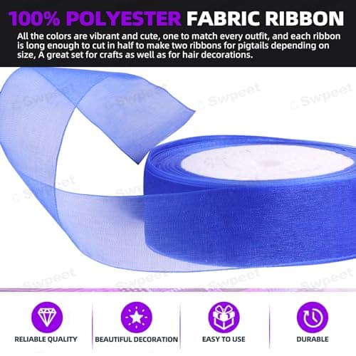 Swpeet Lot de 2 rouleaux de ruban transparent en organza transparent pour bouquets, mariage, décoration d'anniversaire et de mariage - 45,2 m x 2,5 cm - Bleu saphir