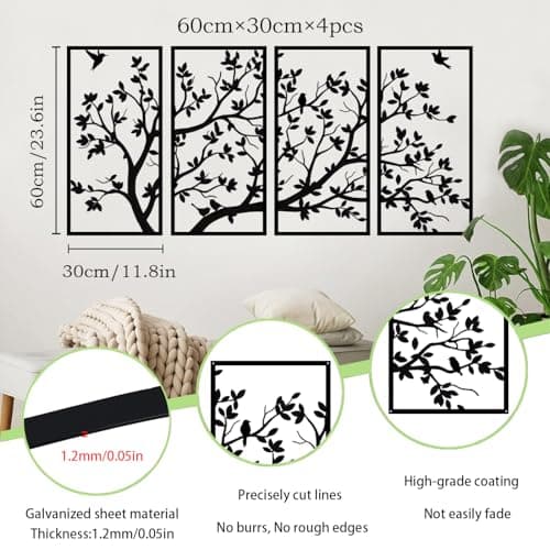 Décoration murale arbre de vie en métal à 4 panneaux pour cadeau de jardin, maison, chambre à coucher, salon (60 x 30 cm)
