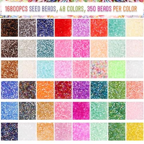 EuTengHao 16800pcs Kit de Perles en Tube Verre Bugle Perles de rocaille Petites perles d'artisanat pour Perles pour la fabrication de bijoux (3mm, 350 par couleur, 48 couleurs)