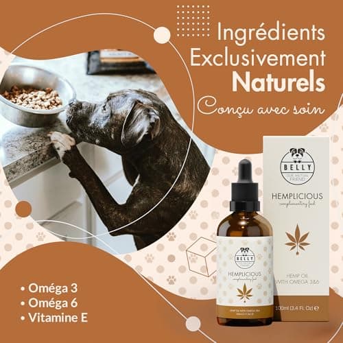 Belly Huile de Chanvre Chien & Chat - 100ml - Pressé à Froid - Riche en Omega 3 6 9, Vitamine E - Sommeil, Anti Stress Chien, Pelage Brillant, Système Immunitaire & Articulation Renforcé