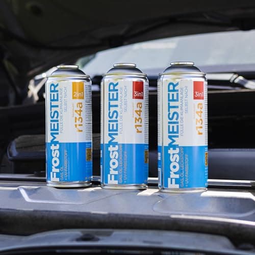 FrostMEISTER Kit de recharge 3 en 1 pour climatiseur de voiture R134a (1995-2016) - 2 canettes de 400 ml et tuyau avec manomètre - Remplacement du réfrigérant, de l'huile et du mastic - Utilisation