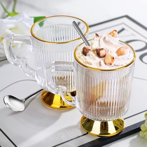 Joeyan Lot de 2 Tasse à Café à Bord Doré, 350ml Verres à Thé Cannelés Vintage avec Poignée, Tasses à Expresso, Verres Nervurés pour lattes,lait,Cappuccino,thé,boissons,Lavable au Lave-vaisselle