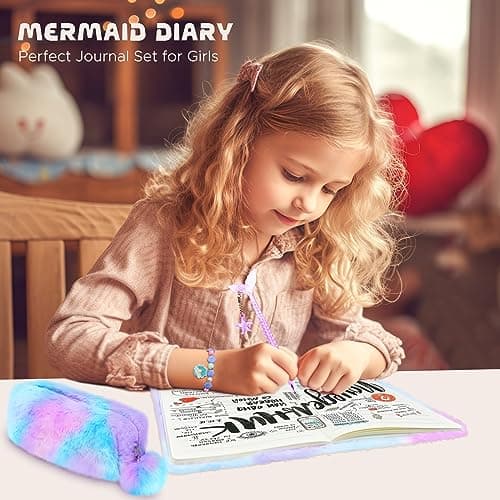 homicozy Journal intime pour fille avec cadenas - Papier à lettre sirène avec étui en peluche - Carnet privé avec stylo sirène et bracelet en perles - Violet