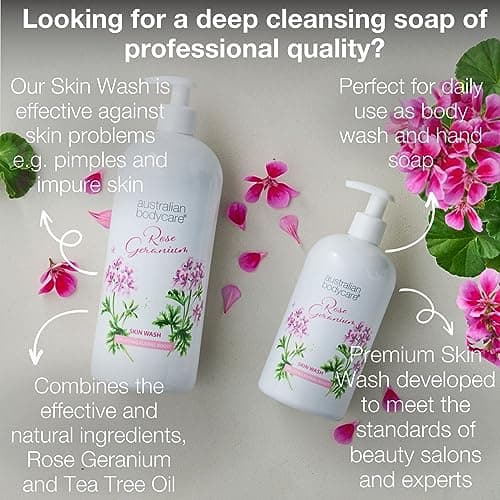 Nettoyant pour la peau professionnel 500 ml | Gel douche à l'huile de tea tree et à la rose | Gel douche pour le corps | A un effet adoucissant | Idéal pour les peaux impures et les boutons