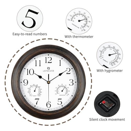 Lafocuse 30cm Horloge Murale Exterieure Etanche avec Thermomètre et Hygromètre, Vintage Marron Pendule Murale Retro, Silencieuse Shabby Chic Deco pour Extérieur, Jardin, Balcon, Salle de Bain, Cuisine