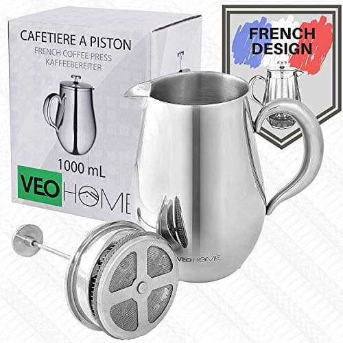 VeoHome - Cafetière à Piston 1 Litre - Incassable et Garde Le café Chaud Longtemps grâce à sa Double Coque INOX...