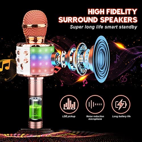 ShinePick Microphone Karaoke sans Fil, Micro Karaoké Bluetooth Portable avec LED Lumière Disco pour Enfants/Adultes Chanter, Compatible avec Android/iOS/PC/Smartphone (Or Rose)