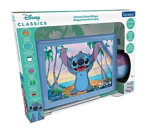 Lexibook, Disney Stitch, Ordinateur éducatif bilingue FRANÇAIS/Anglais, Jouet pour Enfants avec 124 activités pour Apprendre, s'amuser et Jouer du Piano, Bleu/Violet, JC598Di1