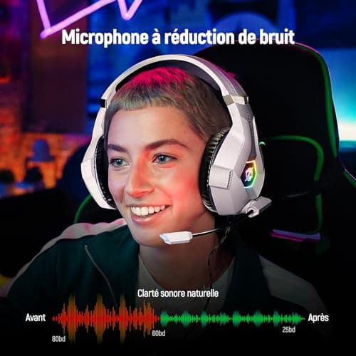 Ozeino Casque Gaming pour Ps5 PC Ps4, Casque Gamer pour Micro RGB 7 Couleurs Transducteurs 50mm Stéréo Basse Micro Anti-Bruit Réglable Compatible avec Switch Xbox Series X & S-Blanc