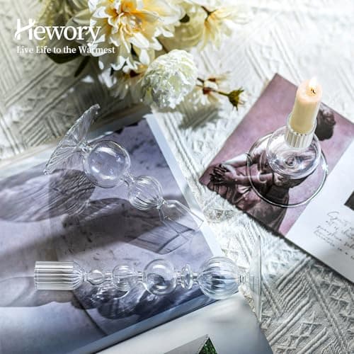 Bougeoir en Verre Hewory Bougies en bâton Décoration : Bougeoir à Bougie en Verre Transparent Bougies en Verre pour Le Salon, Le Mariage et la fête - Lot de 3