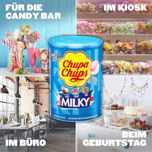 Chupa Chups - Tubo de 100 Sucettes - Parfums Choco/Vanille, Lait/Fraise, Caramel - 0 Pour cent de Matières Grasses - Idéal pour Fêtes d'Anniversaires - Boite Milky de 1,2 Kg