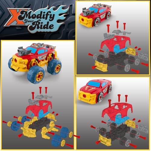 Pup Go Voiture 3-en-1 Démontable pour Garçons avec Perceuse Électrique, 46 Pièces Camion de Construction, Construisez Votre Voiture avec Outils, Idéal Cadeau STEM pour Enfants de 3 à 8 Ans (Rouge)