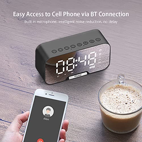 Funien Réveil, Réveil de Surface de Miroir numérique avec Haut-Parleur BT et Radio FM et Affichage de la température Double alarmes Horloge de Bureau électronique Lecteur