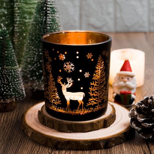 Toptime Set de 3 Bougeoir Noel, Photophore en Verre Noir et Doré pour Centre de Table Noel, Pot en Verre pour Bougie avec Arbre de Noël, Renne, Flocons de Neige, Photophore Bougie pour Le Nouvel an